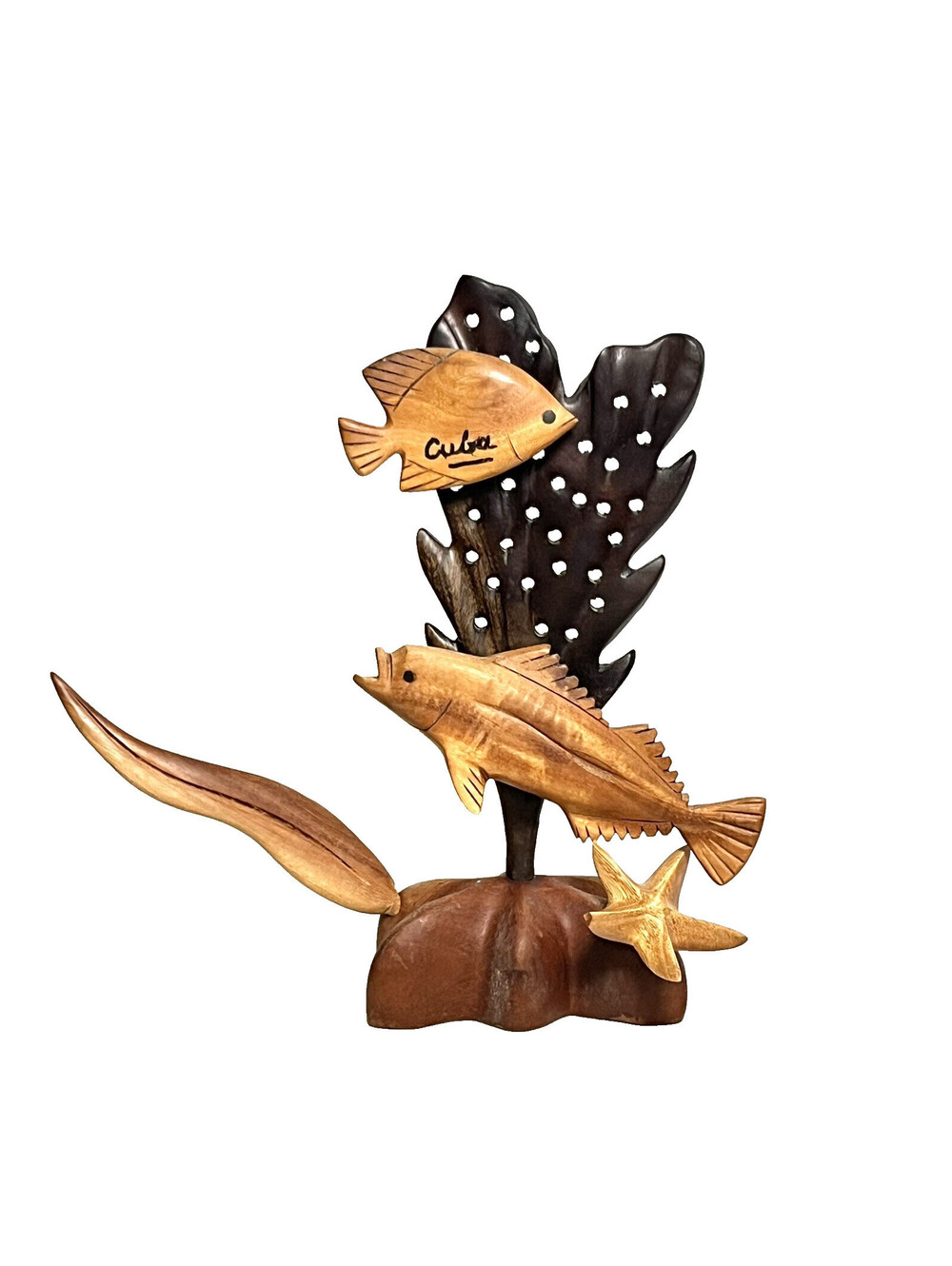 Vintage Cuba Exotic Wood Sculpture Carving Fish Coral Starfish on Stand